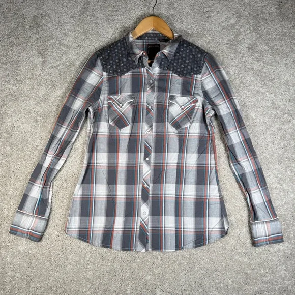 Roper Women's M Plaid Pearl Snap Western Rodeo Shirt Gray - Picture 1 of 10